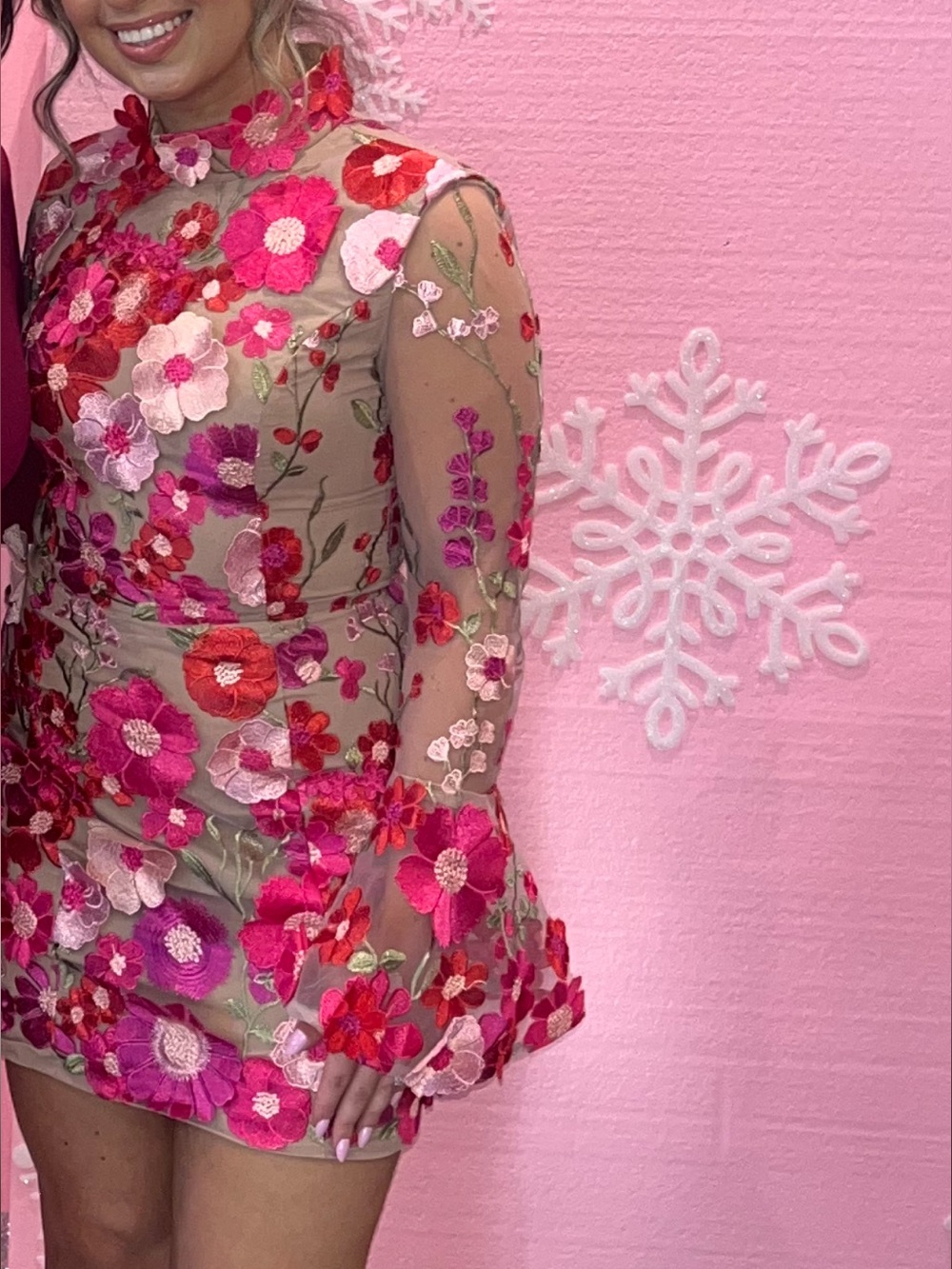 Elliatt Pink Floral Appliqué Sheer Mini Dress - Picture 2 of 2